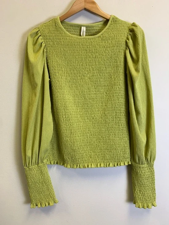 Anthropologie Lime Green Smocked Long-Sleeve Top - Picture 1 of 6